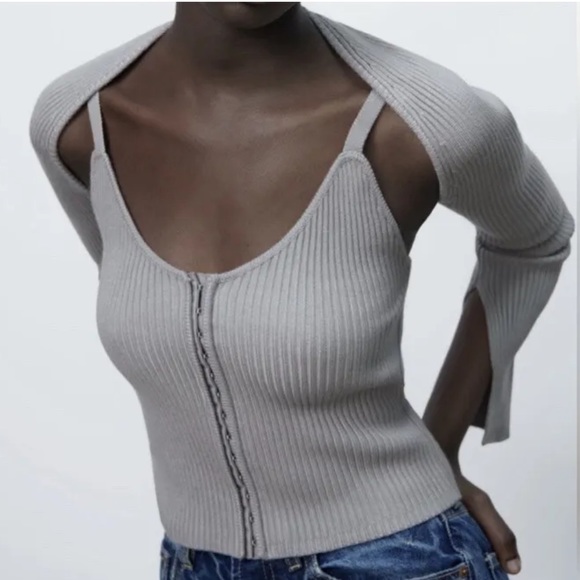 Zara Knit Bolero Small Gray Ribbed Arm Warmers Cropped Cardigan Sweater. NWT. - Picture 1 of 12